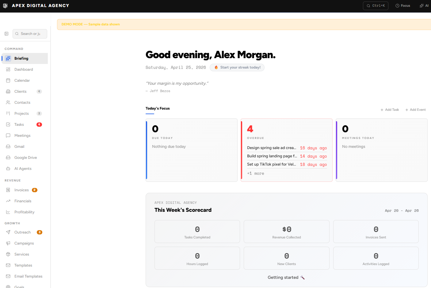 Command Center — live demo dashboard with sample data